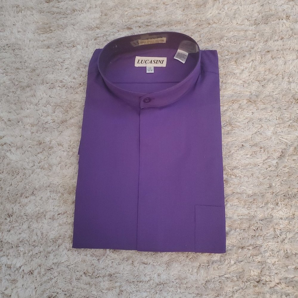 LUCASINI Mandarin-Collar Shirt, Hidden Buttons, Purple, NWT